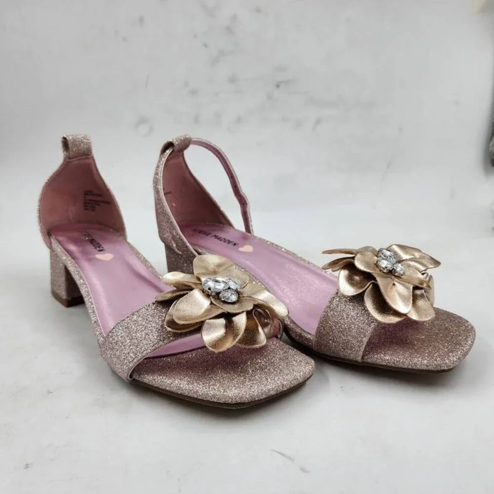 Steve Madden Lessa Flower Embellished Block Heel Sandals Girl's 4 Rose Gold